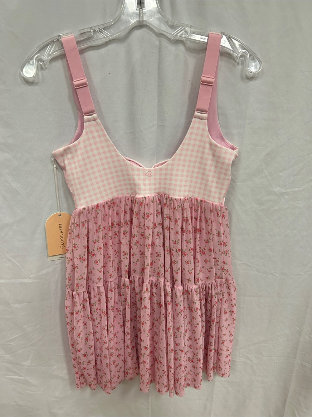 Blogilates Sweet Pink Gingham & Floral Tiered Mini Dress - Picture 5 of 7